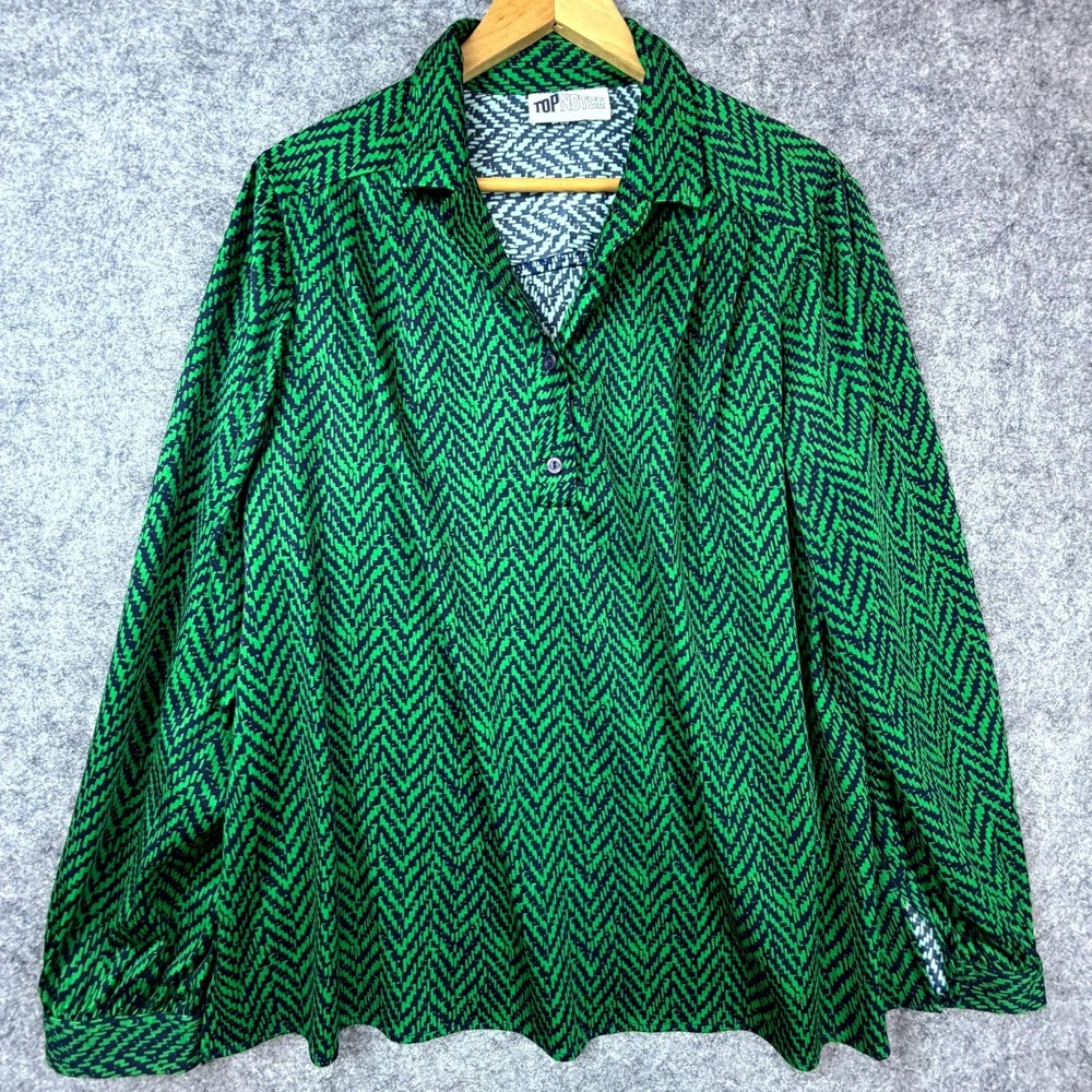 Vintage Top Notch Popover Top Womens Green Herringbone Pleated Secretary Blouse